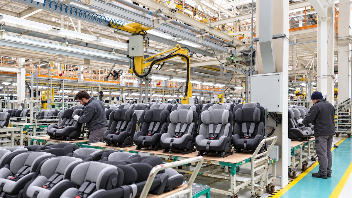 Child car seats on a factory production line