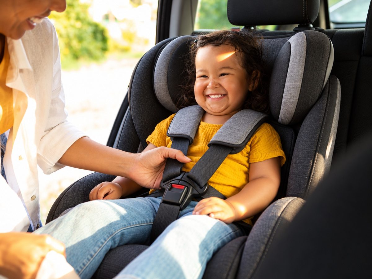 Toddler being buckled into a harnessed child car seat