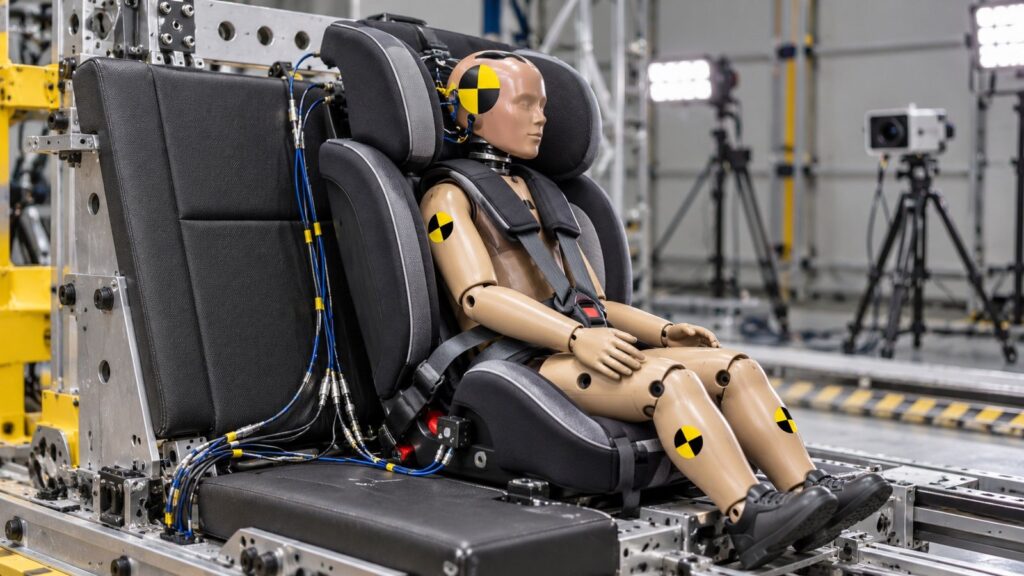 Child crash test dummy secured in a car seat on a crash test sled