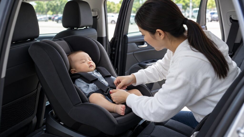 Mother buckling a sleeping baby into a rear-facing car seat