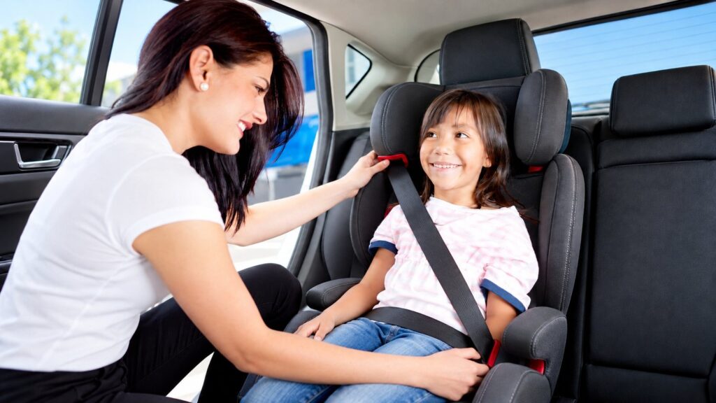 Mother helping a girl in a high-back booster seat